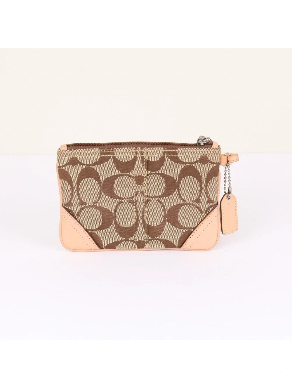 Coach Signature Canvas Zip Wristlet Peach Leather Trim